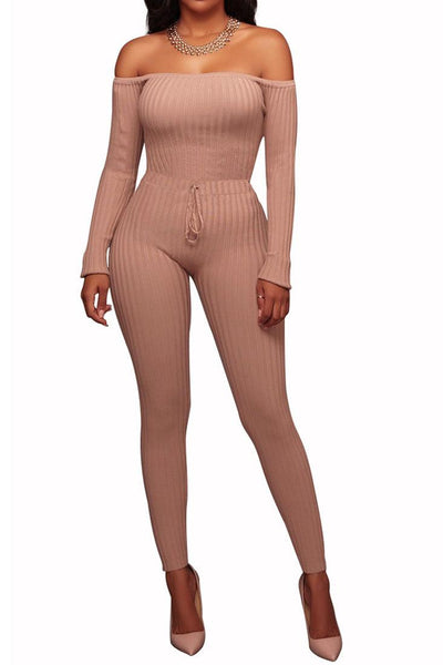 Pink Off Shoulder Ribbed Sexy Jumpsuit - AMIClubwear