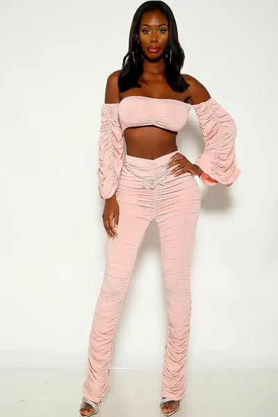 Pink Off the shoulder Ruched Two Piece Outfit - AMIClubwear