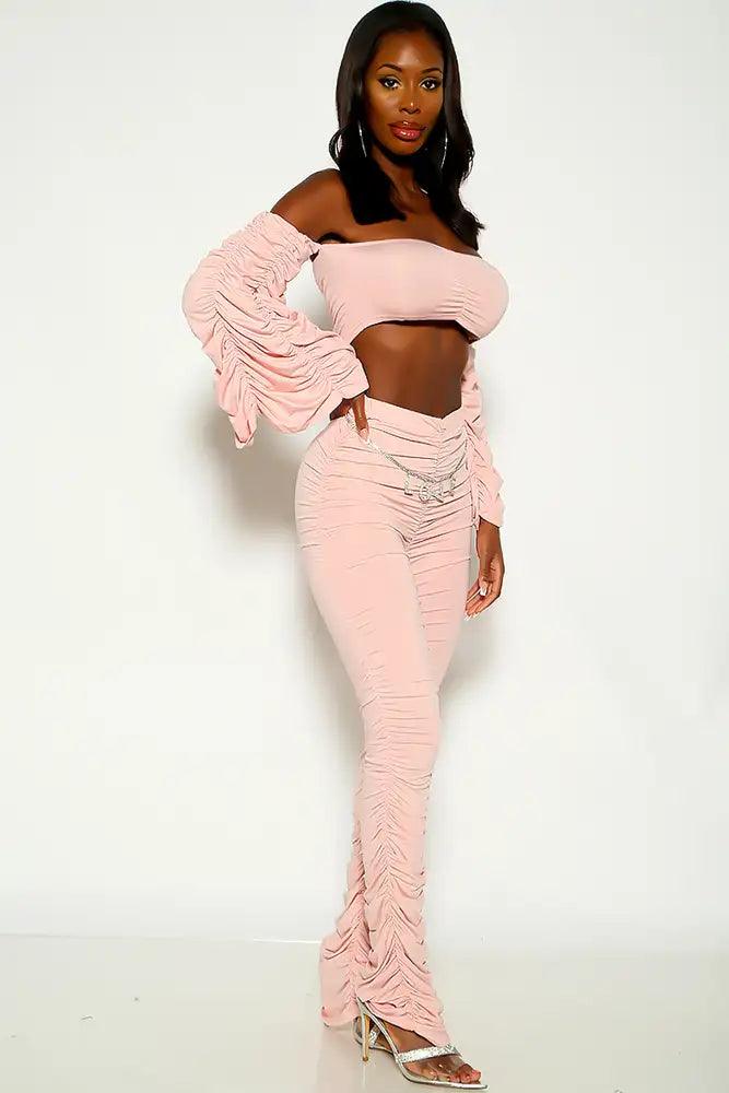 Pink Off the shoulder Ruched Two Piece Outfit - AMIClubwear