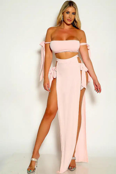 Pink Off The shoulder Tie Straps Double Slit Two Piece Dress - AMIClubwear