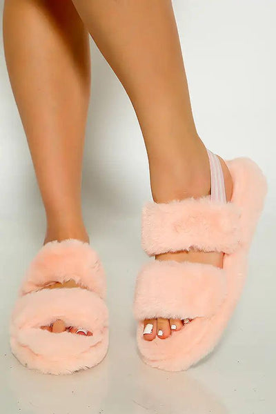 Pink Open Toe Faux Fur Back Strap Comfy Slipper - AMIClubwear