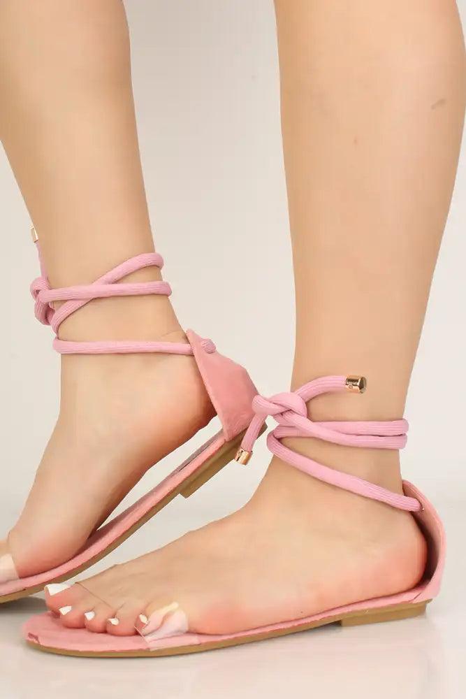 Pink Open Toe Leg Wrap Up Tie Sandals - AMIClubwear