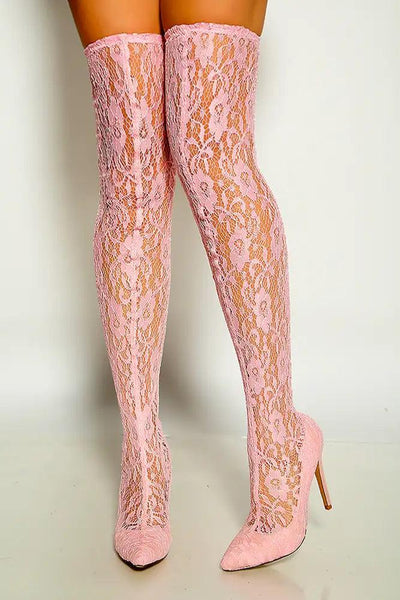 Pink Pointy Toe Floral Lace Embroidered Thigh High Heel Boots - AMIClubwear