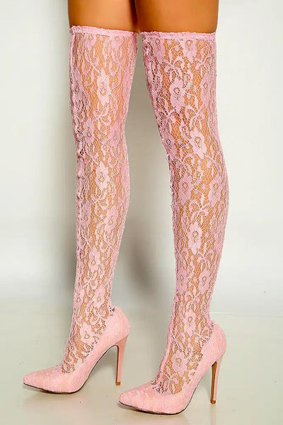 Pink Pointy Toe Floral Lace Embroidered Thigh High Heel Boots - AMIClubwear