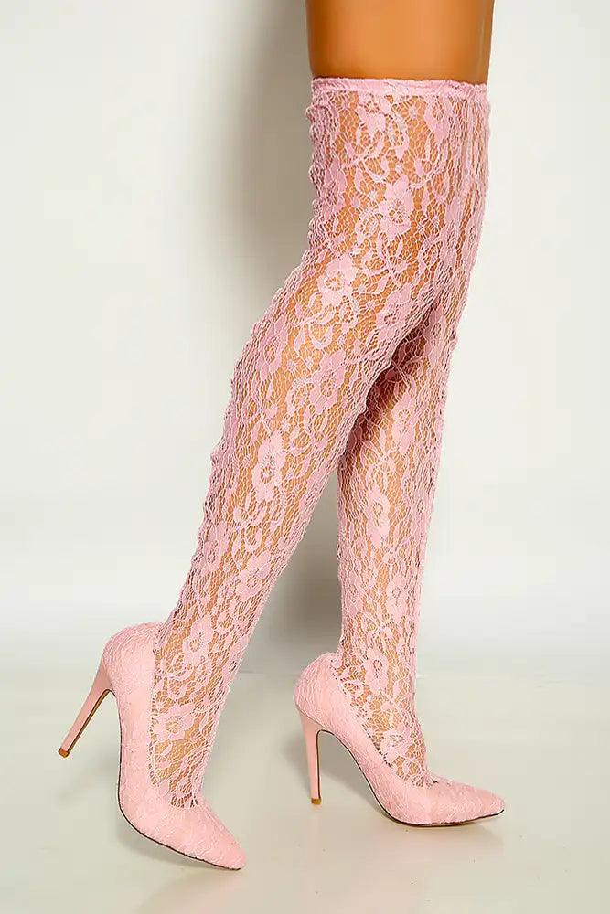 Pink Pointy Toe Floral Lace Embroidered Thigh High Heel Boots - AMIClubwear