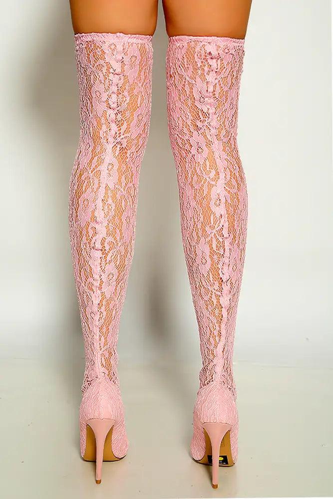 Pink Pointy Toe Floral Lace Embroidered Thigh High Heel Boots - AMIClubwear