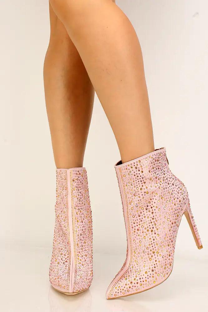 Pink Pointy Toe Rhinestone Accent Booties - AMIClubwear