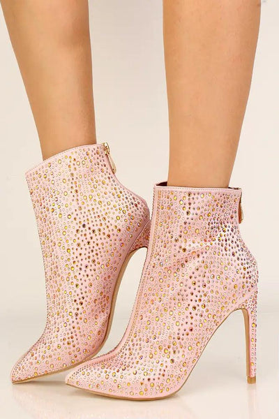 Pink Pointy Toe Rhinestone Accent Booties - AMIClubwear