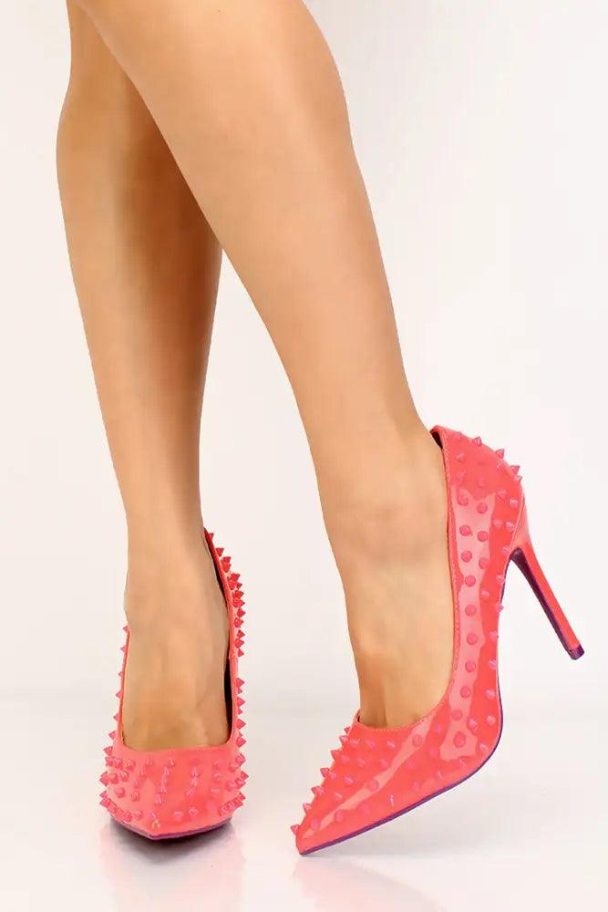 Pink Pointy Toe Studded High Heel Pumps - AMIClubwear