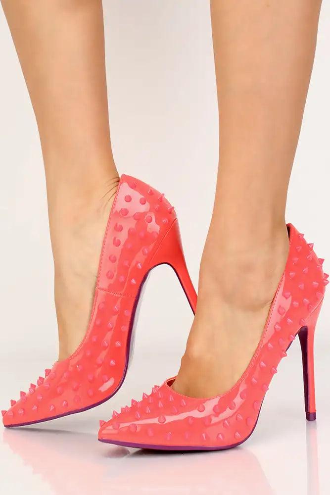 Pink Pointy Toe Studded High Heel Pumps - AMIClubwear