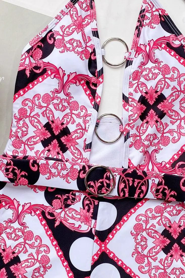 Pink Print Hollow Out O-RIng Plunge Monokini