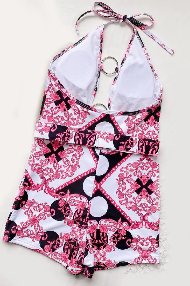 Pink Print Hollow Out O-RIng Plunge Monokini