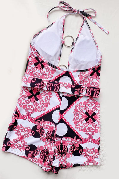 Pink Print Hollow Out O-RIng Plunge Monokini - AMIClubwear