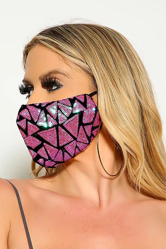 Pink Purple Sequin Geometric Print Fashion Mask - AMIClubwear