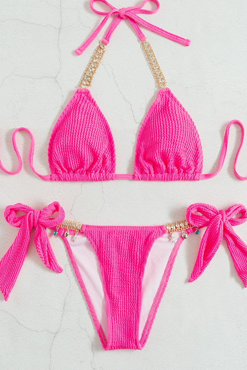Pink Rhinestone Accent Sexy Two Piece Swimsuit - AMIClubwear