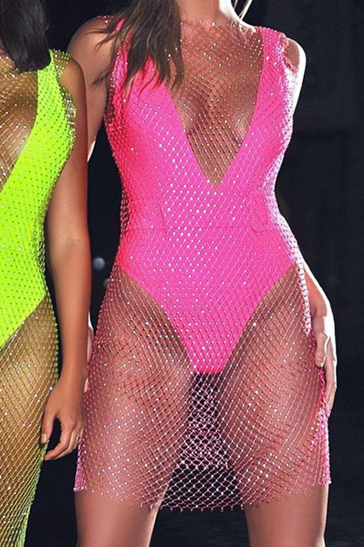 Pink Rhinestone Accent Sleeveless Netted Swimsuit Coverup - AMIClubwear