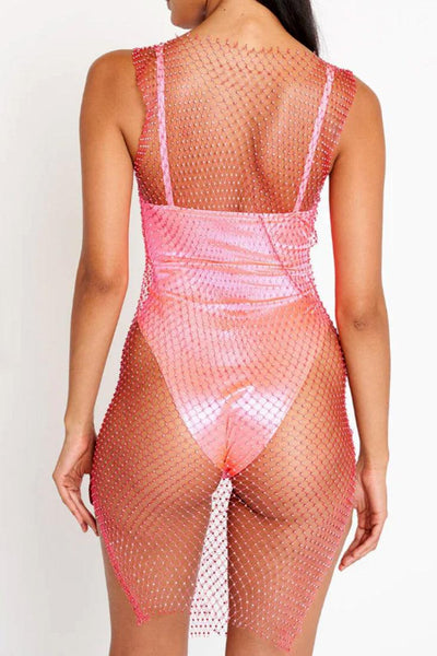 Pink Rhinestone Accent Sleeveless Netted Swimsuit Coverup - AMIClubwear