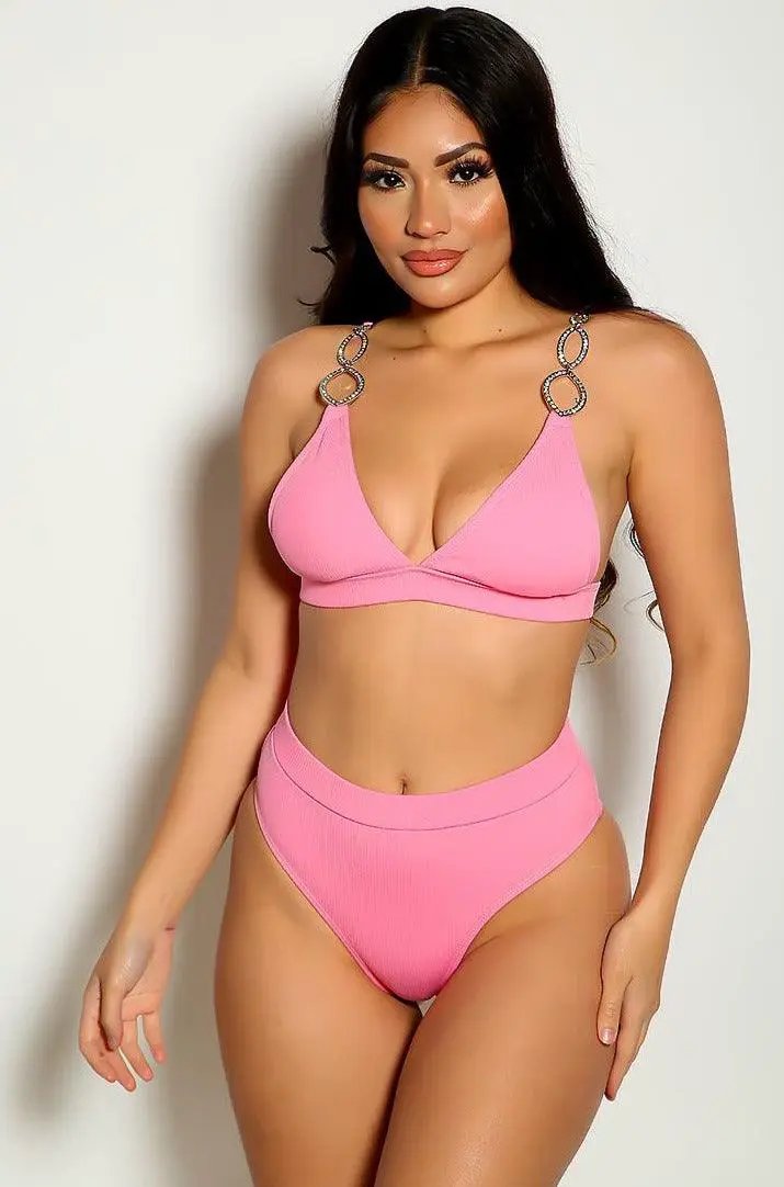 Pink Rhinestone Accent Two Piece Swimsuit