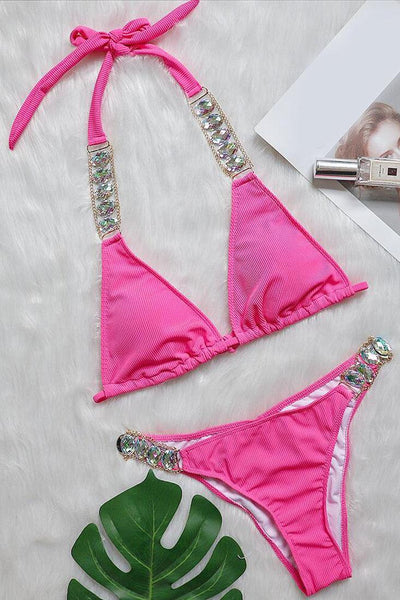 Pink Rhinestone Chain Linked Halter 2 Pc Bikini Set - AMIClubwear