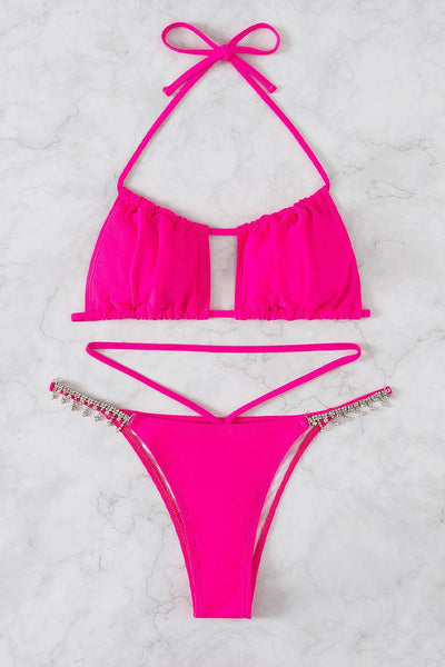 Pink Rhinestone Detail Square Top Strappy Halter 2 Pc Bikini Set - AMIClubwear