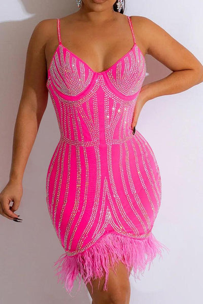 Pink Rhinestone Faux Feather Trim Mesh Sleeveless Party Dress - AMIClubwear