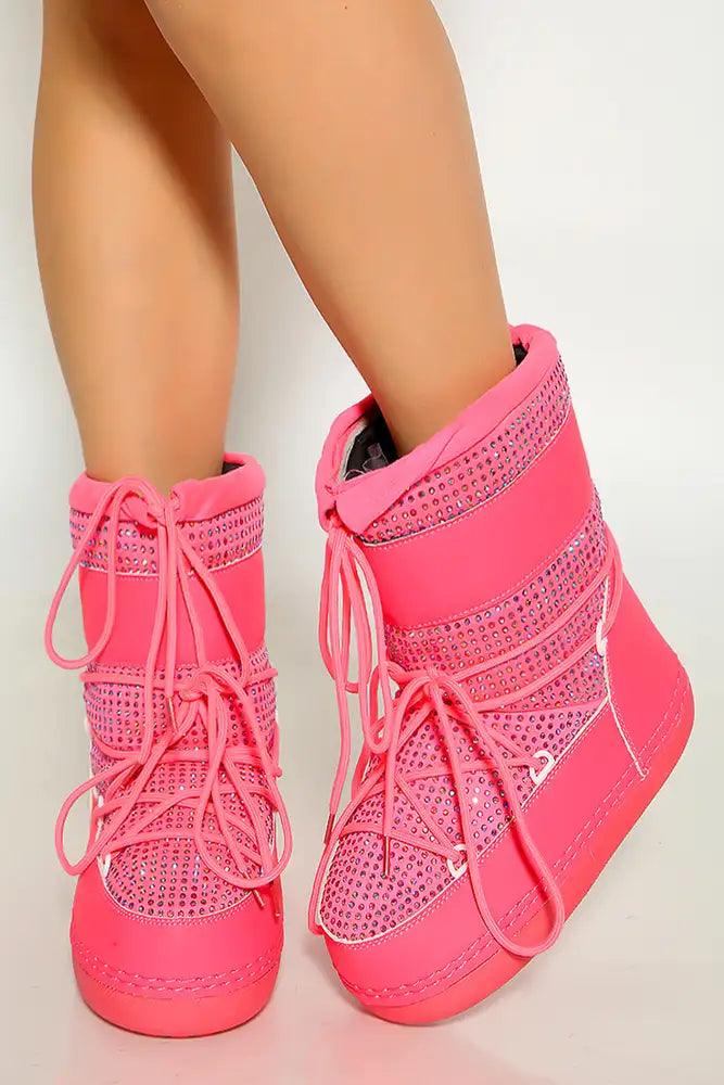 Pink Rhinestone Lace Up Warm Moon Boot - AMIClubwear