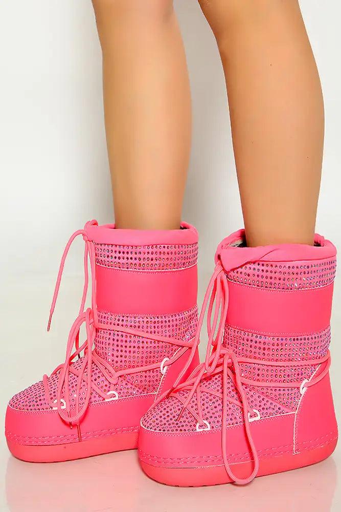 Pink Rhinestone Lace Up Warm Moon Boot - AMIClubwear