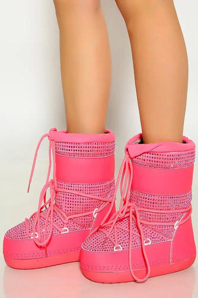 Pink Rhinestone Lace Up Warm Moon Boot - AMIClubwear