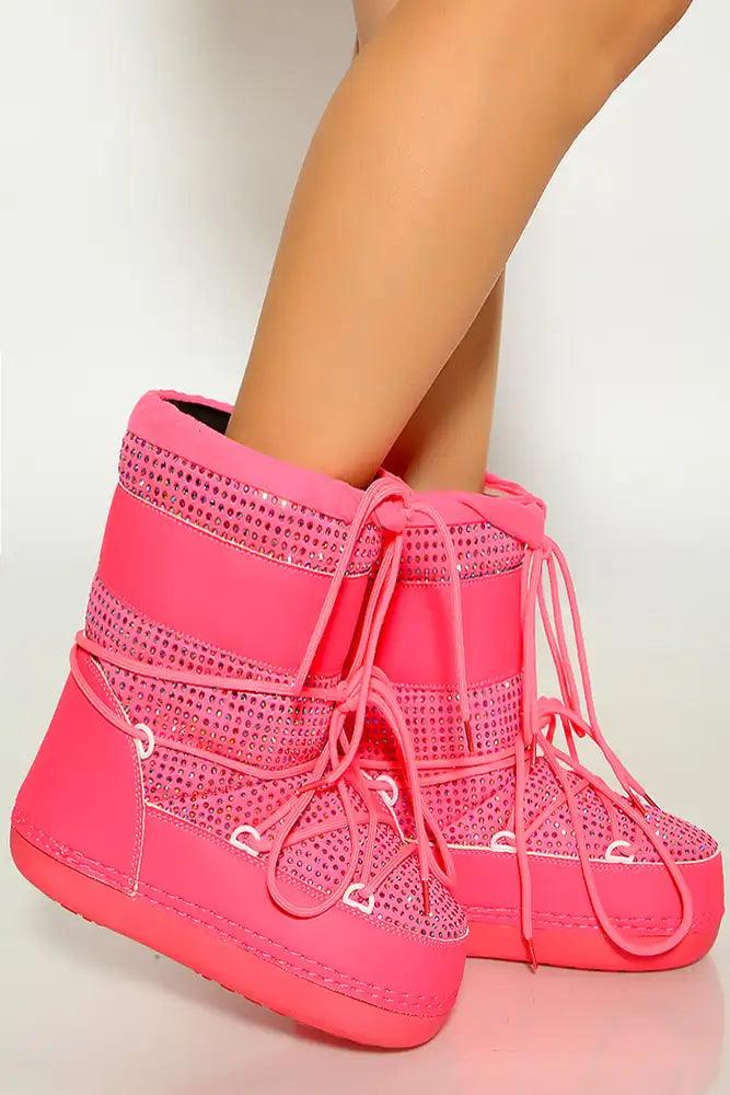 Pink Rhinestone Lace Up Warm Moon Boot - AMIClubwear