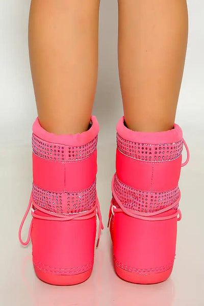 Pink Rhinestone Lace Up Warm Moon Boot - AMIClubwear