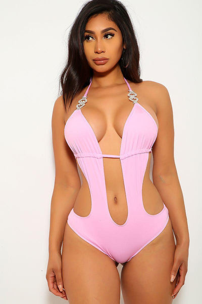 Pink Rhinestones Cut Out Monokini - AMIClubwear