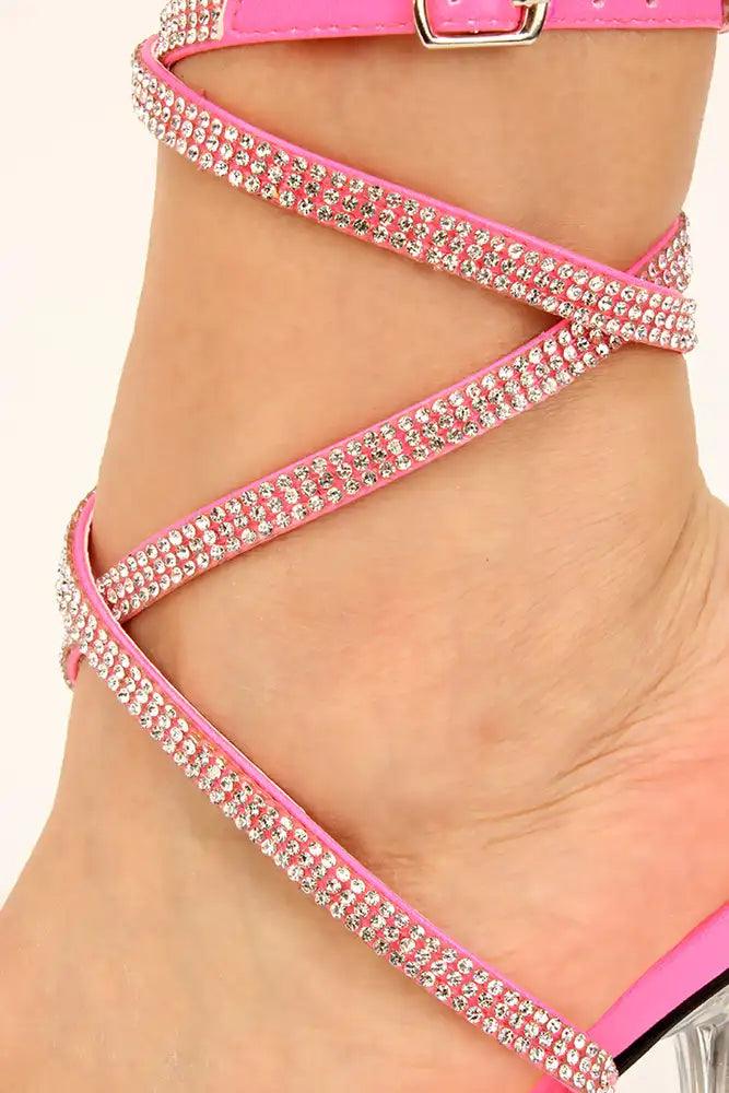 Pink Rhinestones Strappy High Heels - AMIClubwear