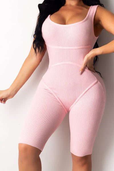 Pink Ribbed Sleeveless Sexy Romper - AMIClubwear