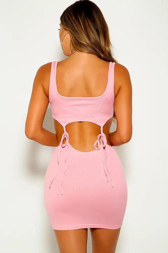 Pink Ribbed Tie Straps Two Piece outfit - AMIClubwear