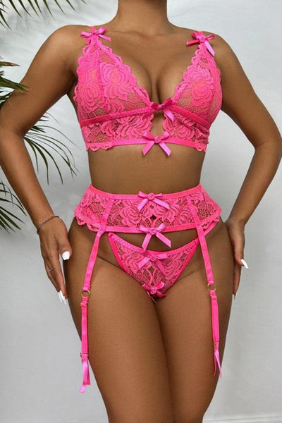 Pink Ribbon Bow Lace V-Neck Sexy Lingerie 3 Pc Set - AMIClubwear