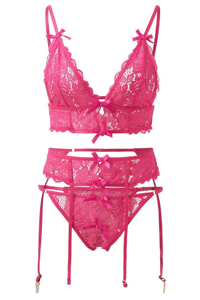 Pink Ribbon Bow Lace V-Neck Sexy Lingerie 3 Pc Set - AMIClubwear