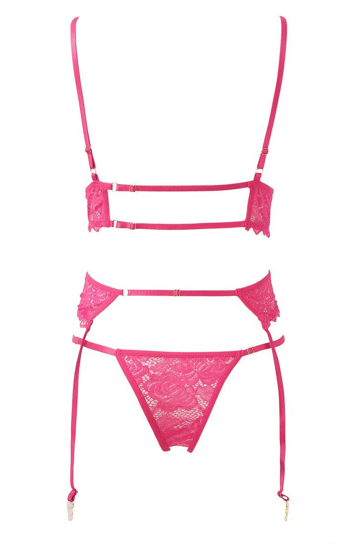 Pink Ribbon Bow Lace V-Neck Sexy Lingerie 3 Pc Set - AMIClubwear