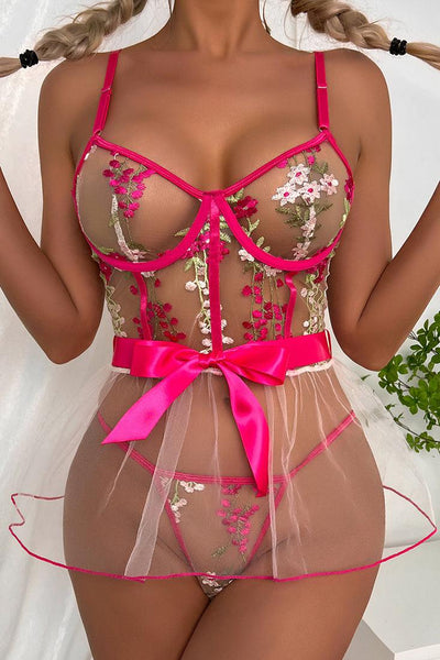 Pink Ribbon Floral Embroidered See Through Mesh Lingerie Set - AMIClubwear