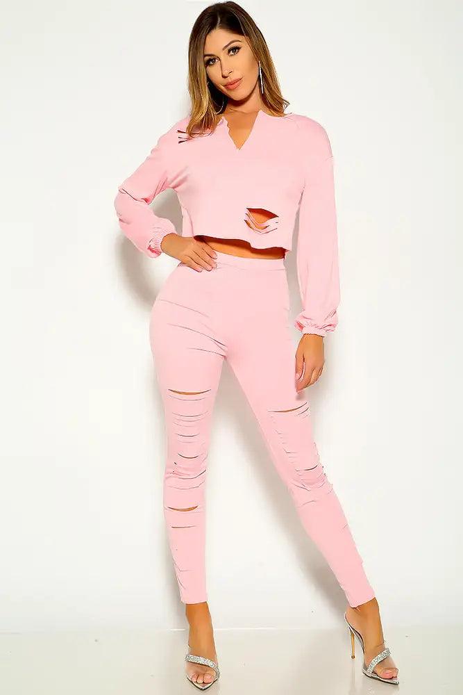 Pink Ripped Long Sleeve Zipper Pants Track Suit Lounge Wear Outfit - AMIClubwear