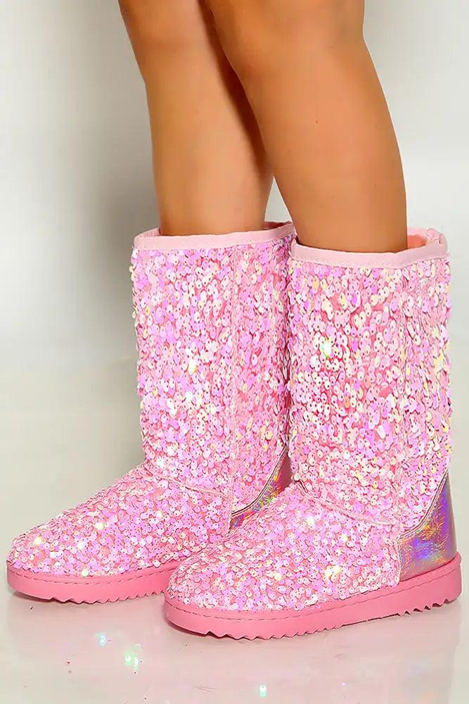 Pink Round Toe Sequins Warm Cozy Flat Boot - AMIClubwear