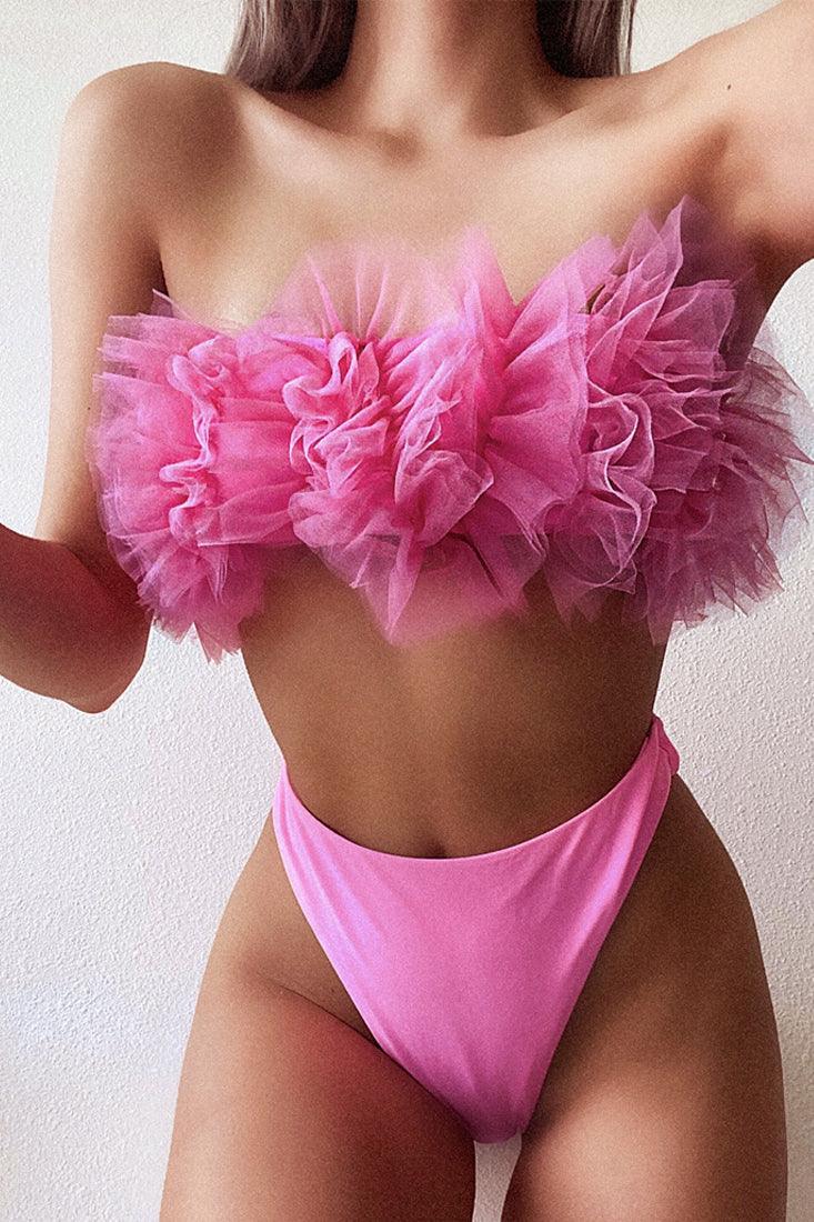 Pink Ruffle Mesh Bandeau & High Waisted Bottom 2 Pc Swimsuit - AMIClubwear