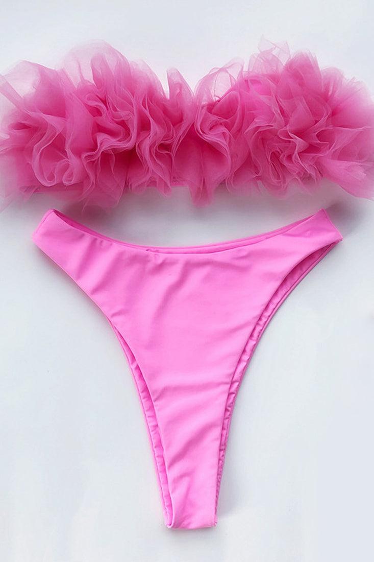 Pink Ruffle Mesh Bandeau & High Waisted Bottom 2 Pc Swimsuit - AMIClubwear