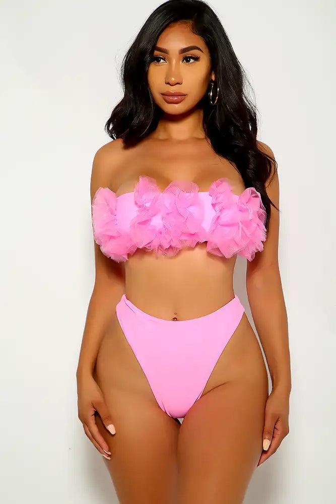 Pink Ruffled Strapless Two Piece Swimsuit - AMIClubwear