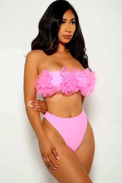 Pink Ruffled Strapless Two Piece Swimsuit - AMIClubwear