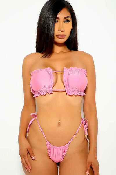 Pink Ruffled Two Piece Swimsuit - AMIClubwear