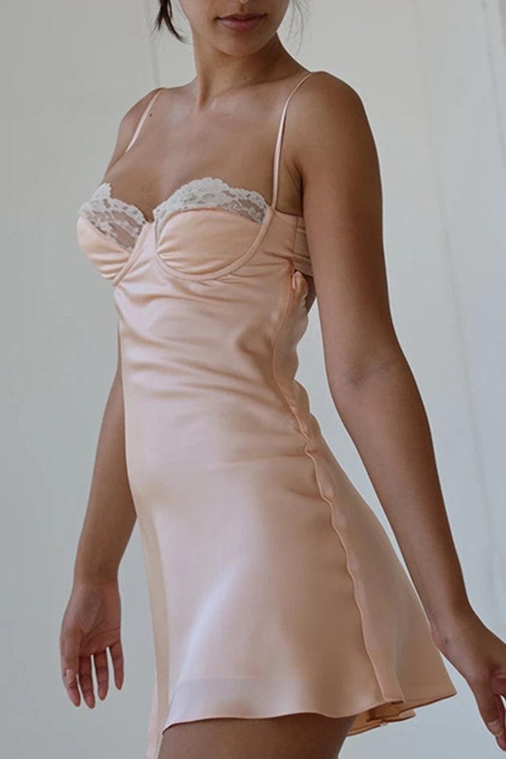 Pink Satin Lace Embroidered Party Dress - AMIClubwear