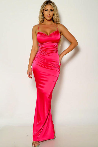 Pink Satin Sleeveless Back Lace Up Maxi Party Dress - AMIClubwear