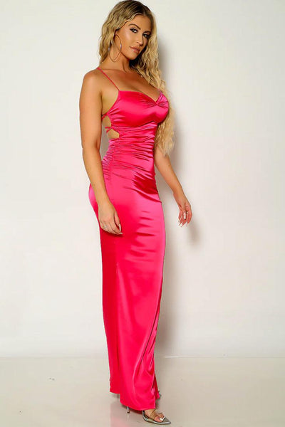 Pink Satin Sleeveless Back Lace Up Maxi Party Dress - AMIClubwear