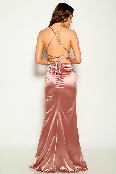 Pink Satin Sleeveless Lace Up Maxi Party Dress - AMIClubwear