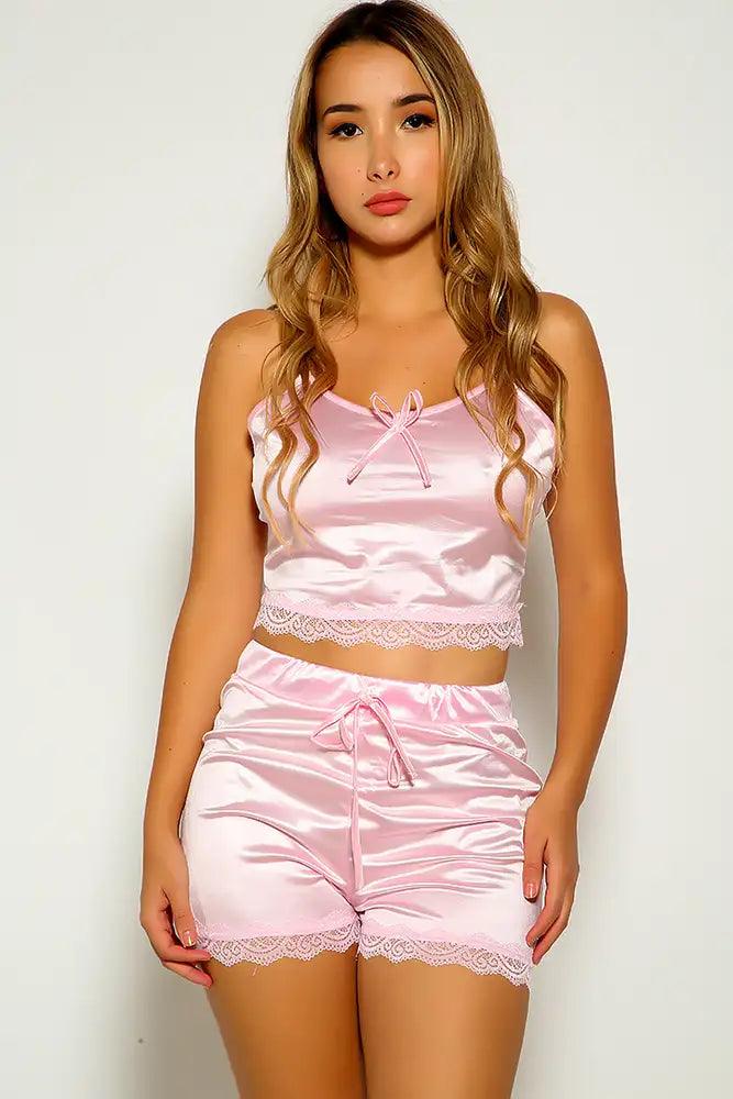 Pink Satin Sleeveless Two Piece Lingerie - AMIClubwear